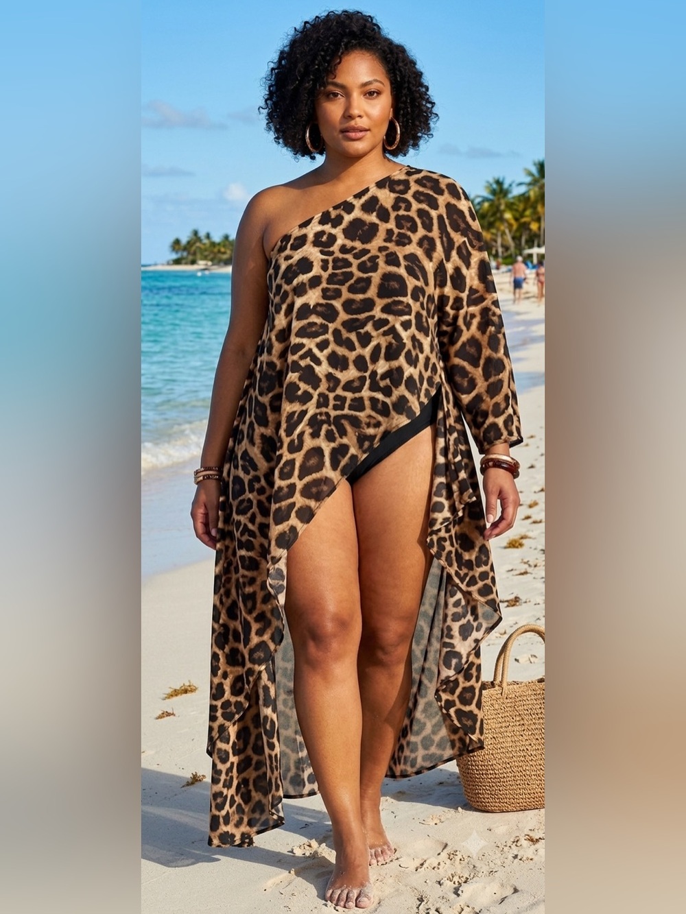 VONDA Asymmetric One-Shoulder Leopard print Maxi Dress / Kaftan/ Coverup - Picture 3 of 7